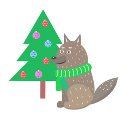 Closeup of Wolf Wearing Scarf Vector Illustration