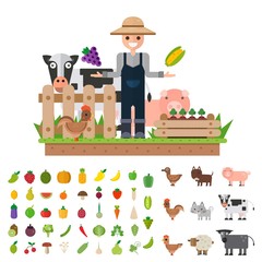 Fototapeta premium Vegetable Fruit. Happy Farmer fresh natural products. Vector illustration in a flat style.
