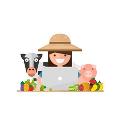 Naklejka premium Sell concept with women farmer And laptop. Vegetable Fruit. Happy Farmer fresh natural products. Vector illustration in a flat style.