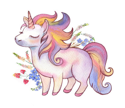 Watercolor hand drawn vibrant unicorn illustration with floral bouquet, logo. Isolated drawing of fairy tale horse with flowers and berries, for magical poster, banner, card