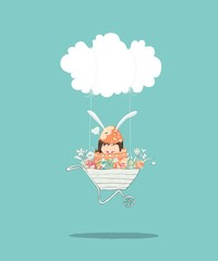 Cartoon girl rabbit happy easter swinging on a cloud with eggs, drawing by hand vector, drawing by hand vector and digital illustration created without reference image.
