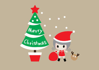 The girl in red Santa dress with a gift bag standing beside Christmas tree in red pot and red star on top, with background white point symbol of snow and brown Reindeer. The Christmas concept.