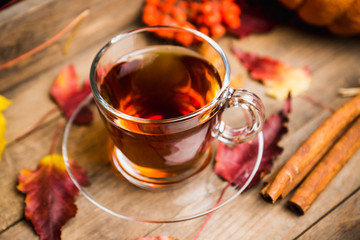 Cup of tea on the rustic background with autumn decoration. Selective focus. Shallow depth of field.