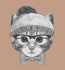 Portrait of Hipster Cat. Portrait of Cat with sunglasses and hat. Hand-drawn illustration.