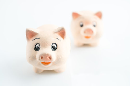 Two lucky pigs on a white background, selected focus and copy space
