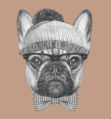 Portrait of Hipster Dog. Portrait of  French Bulldog with sunglasses, bow tie and hat. Hand-drawn illustration.