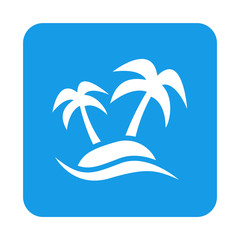 Icono plano palmeras en isla en cuadrado azul