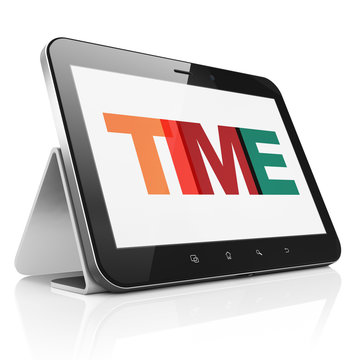 Time concept: Tablet Computer with Painted multicolor text Time on display, 3D rendering
