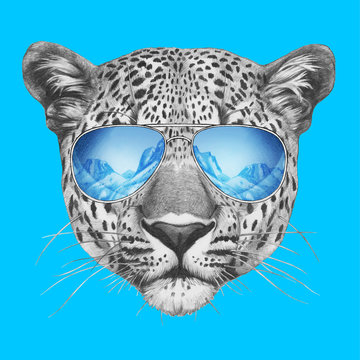 Portrait of Leopard with sunglasses. Hand-drawn illustration.