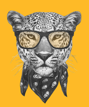 Portrait of Leopard with glasses and scarf. Hand-drawn illustration.