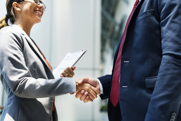 Caucasian man and woman colleagues business shoot