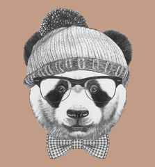Portrait of Hipster Panda with hat, bow tie and glasses. Hand-drawn illustration.