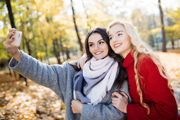 Two happy teenage girls taking a selfie on smartphone, outdoors in autumn in park