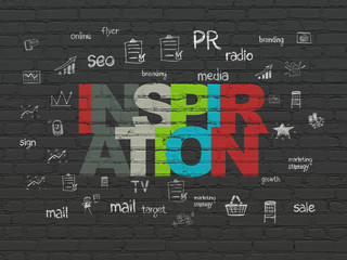 Advertising concept: Painted multicolor text Inspiration on Black Brick wall background with  Hand Drawn Marketing Icons