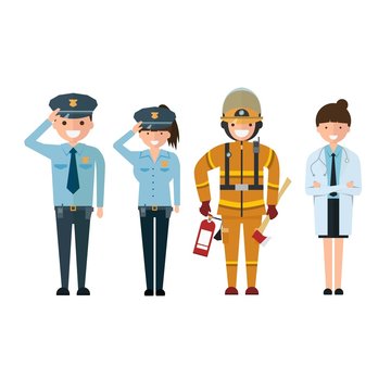 Police firefighter and doctor in cartoon style Isolated on white background.