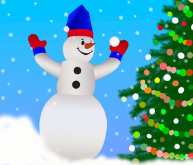 Cheerful snowman with Christmas tree in the background. Greeting card