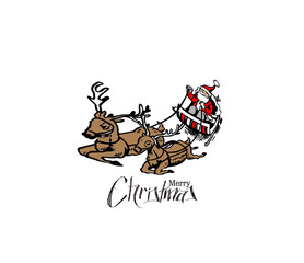 Santa Claus rides reindeer sleigh flying in the white background, vector illustration.