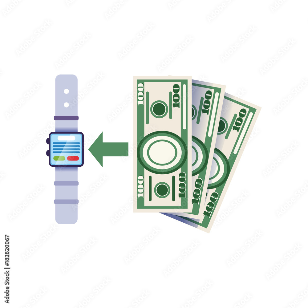 Poster using smartwatch to replenish bank account. wearable payment device icon. online banking concept. in