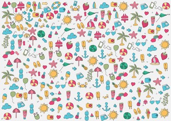 Vector illustration summer symbols and objects, drawing by hand vector.