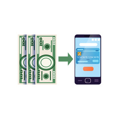 Operation with cash assets, using bank mobile app . Mobile wallet. Icon of personal financial management application. Flat vector