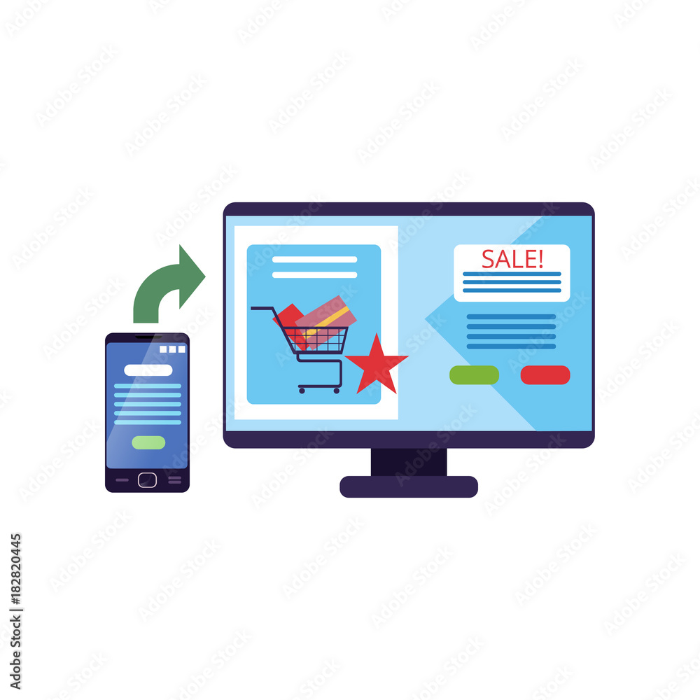 Poster computer monitor with internet store on screen. easy and quick online payment method using smartphon