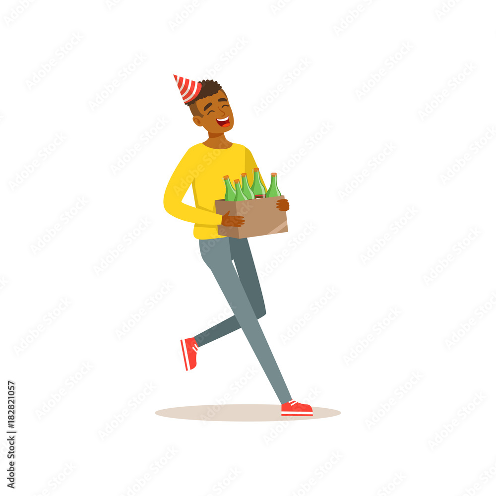 Wall mural cheerful black boy carrying box of alcoholic drinks for birthday celebration. cartoon teenager chara