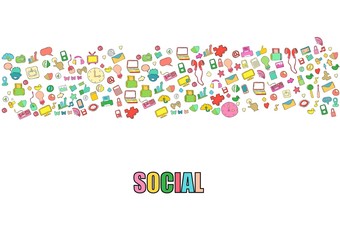 Social network background with media icons hand lettering and doodles elements background. Vector illustration