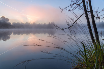A lake in the mystic morning fog