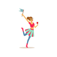 Young girl having fun at college party. Teenager holding glass of drink and little flag. Cartoon character in glassed and bright clothes. Isolated flat vector