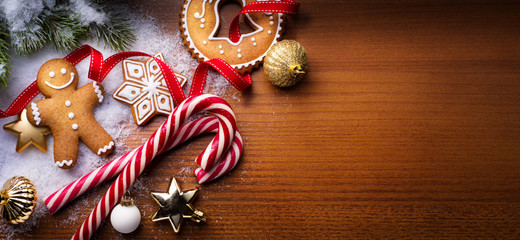 Fototapeta na wymiar Christmas holidays ornament flat lay; Christmas card background 