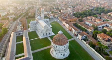 Aerial view of Miracles Square in Pisa in the summer morning, Italy