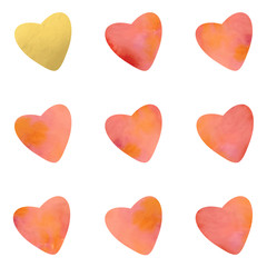 Vector hearts with watercolor and golden texture background.