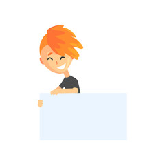 Cartoon teenager boy holding white sign with space for text. Cheerful red-haired kid in black t-shirt. Child showing piece of blank paper. Isolated flat vector