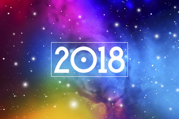 Astrological New Year 2018 Greeting Card or Calendar Cover on Cosmic Background.