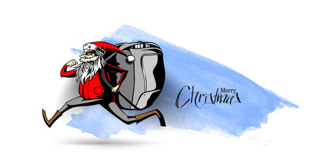 Santa claus running with a bag for gifts delivery on a white background, vector illustration.