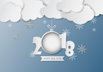 Paper clouds and snowflake with text happy new year 2018 on the blue background. Vector illustration