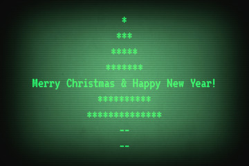 Merry christmas and happy new year message with christmas tree on old computer terminal screen