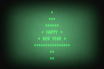 Happy new year message in christmas tree on old computer terminal screen