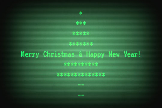 Merry christmas and happy new year message with christmas tree on old computer terminal screen