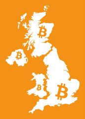 United Kingdom map with bitcoin crypto currency symbol illustration