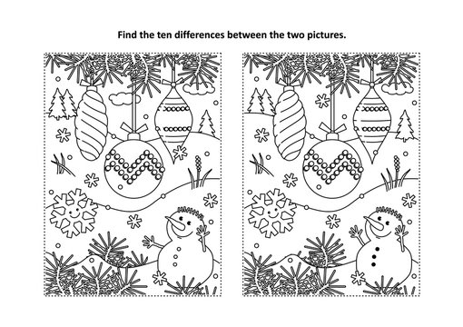 Winter holidays, New Year or Christmas themed find the ten differences picture puzzle and coloring page with christmas tree ornaments and snowman.

