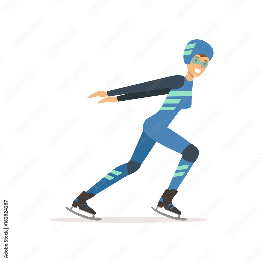 Sticker Girl athlete taking part in speed skating competition. Winter olympic sport. Woman in professional outfit glasses, overalls, helmet and clap skate. Isolated flat vector