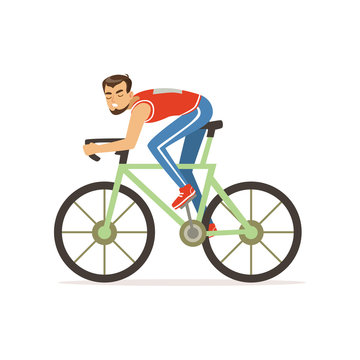 Young cyclist man take part in bicycle racing competition. Cycle sport. Cartoon bearded man character in sportswear. Isolated flat vector illustration