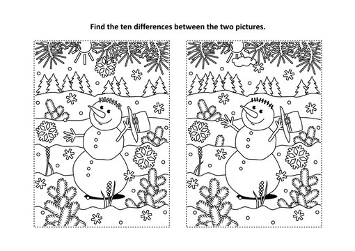 Winter holidays, New Year or Christmas themed find the ten differences picture puzzle and coloring page with happy cheerful snowman walking outdoor.

