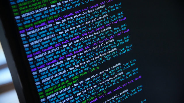 Screen with crypto code, green digitals. Bitcoin on computer screen with code bitcoin mining