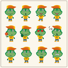 Collection of isolated frog in clothes and cap. Set of frog little boy in cartoon style.