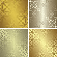 Set of four template of seamless patterns. Gold and silver colors. Vintage style