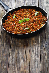 juicy meat ragout bolognese , top view
