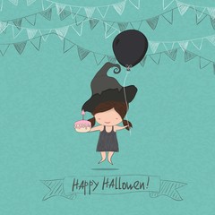 Cartoon girl witch holding cupcake and birthday doodles objects, halloween, drawing by hand vector