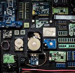 Computer hardware parts flat lay